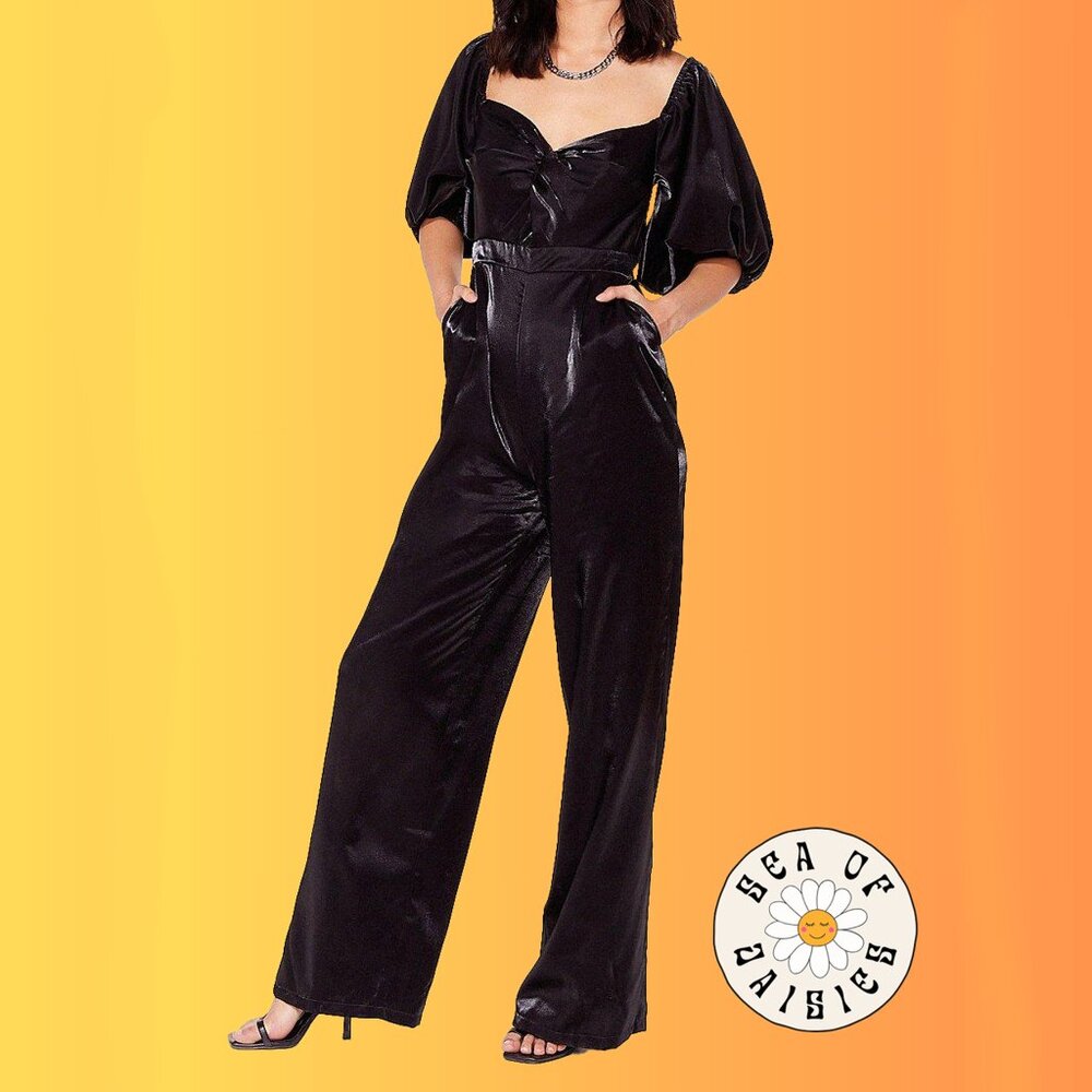 Nasty Gal Black Satin Puff Sleeve Wide Leg Jumpsuit Size 6